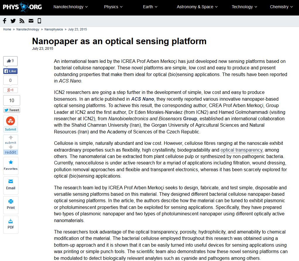 nanopaper as optical sensing platform